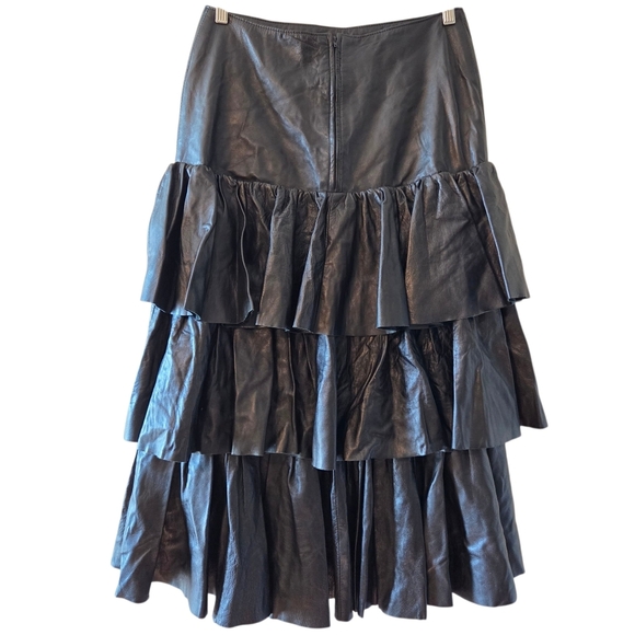 Dominic Bellissimo Black Soft Leather Tiered Ruffle Midi Skirt Boho Chic Black 8 - Picture 9 of 15